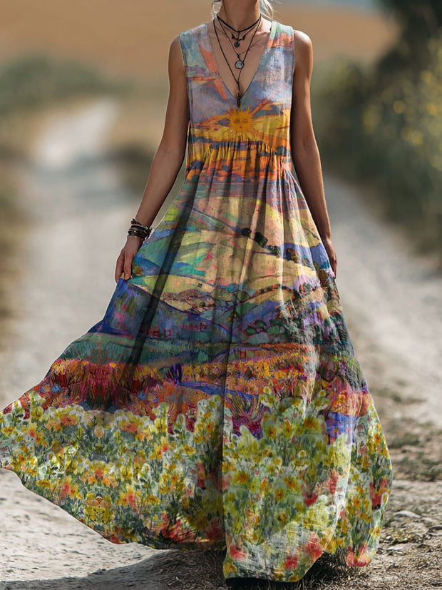 National Mountain Flowers Sun Women's Print Sleeveless Cotton Pocket Dress