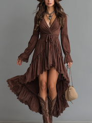 Retro-style Irregular Hem Lace Trim Denim Midi Dress