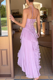 Dream Ode Lily Pad Style Pleats and Ruffles Halter Gown Maxi Dress