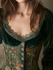 Emerald Green Velvet & Floral Lace-Trimmed Corset Blouse