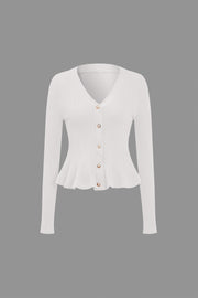 Solid Knit Button Ruffled Long-Sleeve Top