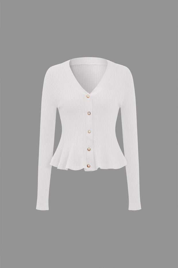 Solid Knit Button Ruffled Long-Sleeve Top