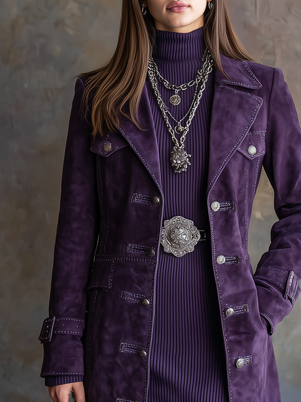 Vintage Flap Pockets Contrast Stitching Polyester Suede Coat