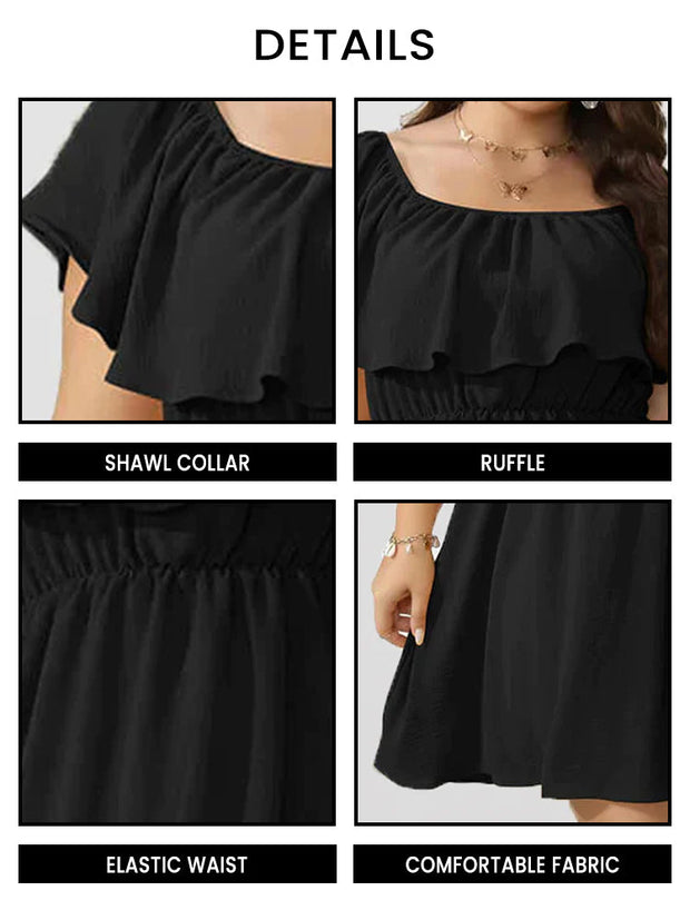 Plus Plain Off Shoulder Ruffle Elastic Waist Dress