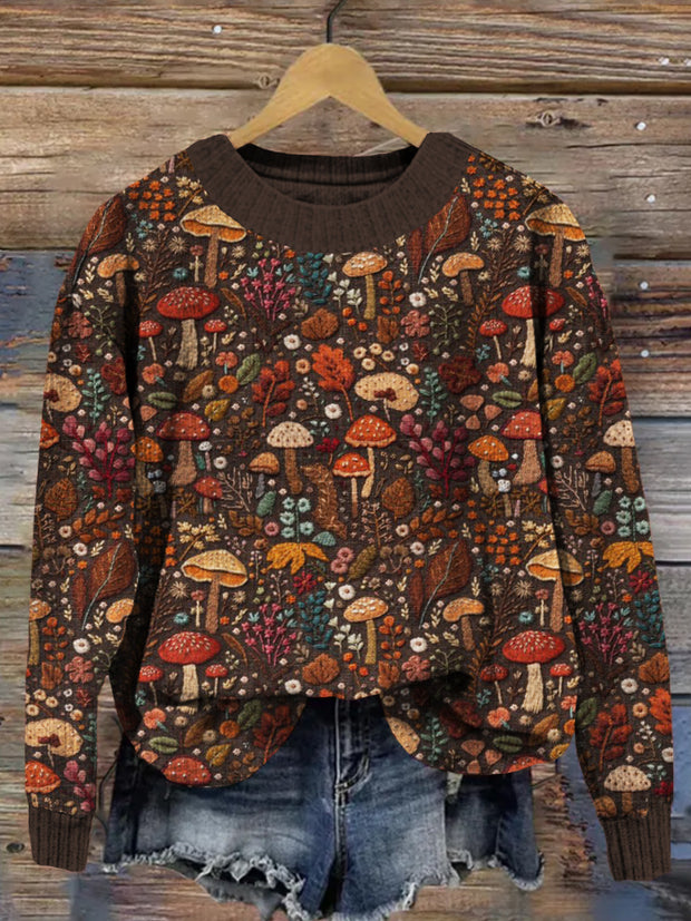 Floral and Mushroom Embroidery Art Knit Sweater