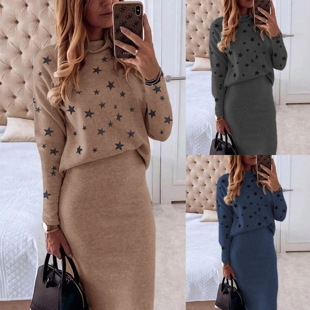 Star Print Top And Skirt  Casual Sweater Two-piece Set