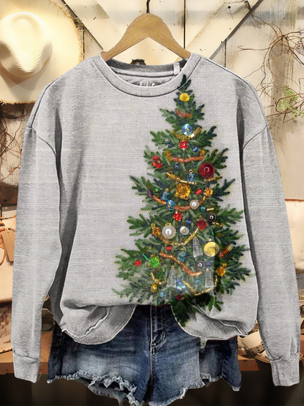 Women's Vintage Christmas Art Print Casual Long-Sleeve Crew Neck Sweatshirt
