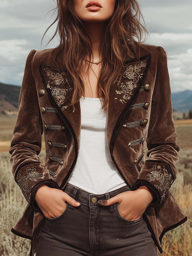 Vintage Bohemian Style Velvet Lapel Embroidered Double-breasted Jacket
