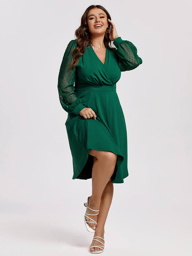 Plus Green Mesh Patchwork Crisscross Ruffle Midi Dress