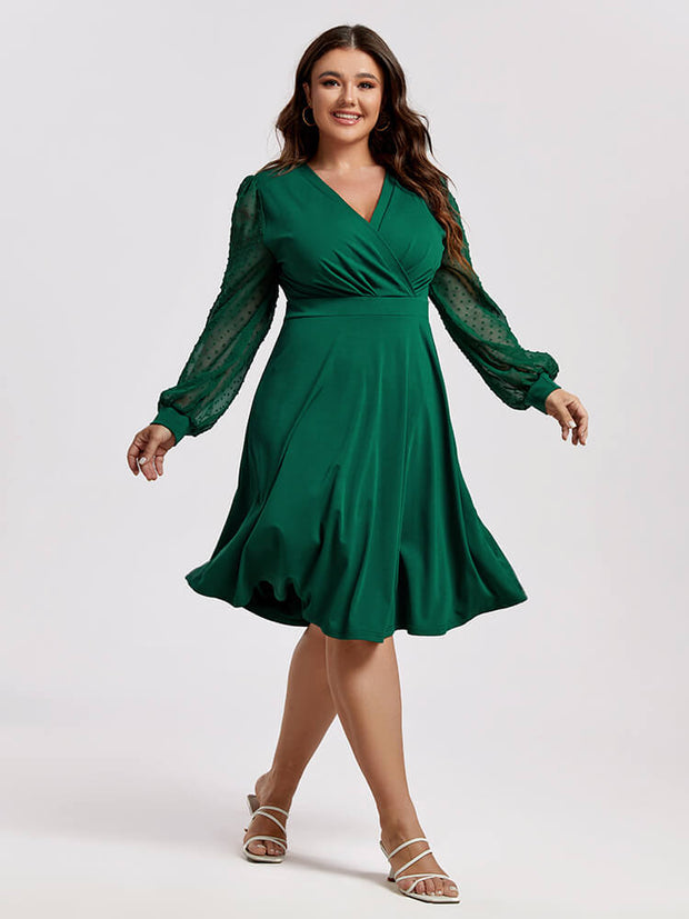 Plus Green Mesh Patchwork Crisscross Ruffle Midi Dress