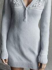 Bohemian Soft Winter Frost Bloom Embroidery Knit Mini Dress