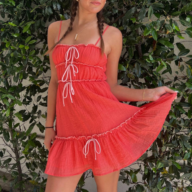 Stylish Strappy Multi-layer Pleated Cotton And Linen Dress For Date Girls