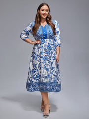 Plus Floral V-Neck Lantern Sleeve Boho Midi Dress