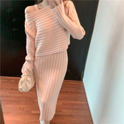 Temperament Pullover Knitted Sling Dress Set