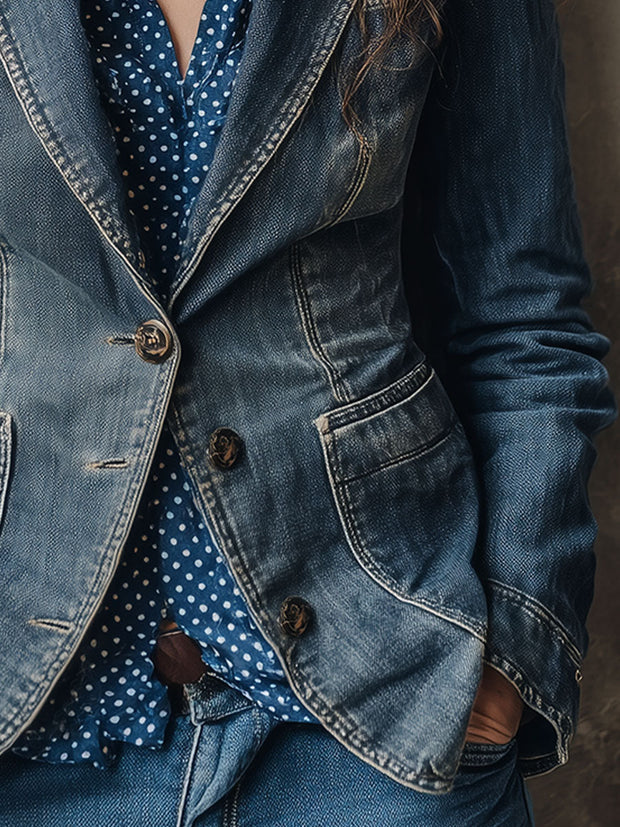 Retro Washed Distressed Lapel Denim Blazer