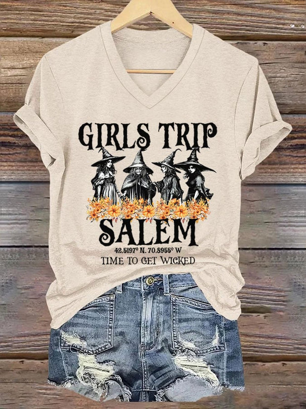 Women's Girl's Trip Salem Time To Get Wicked Halloween Print T-Shirt