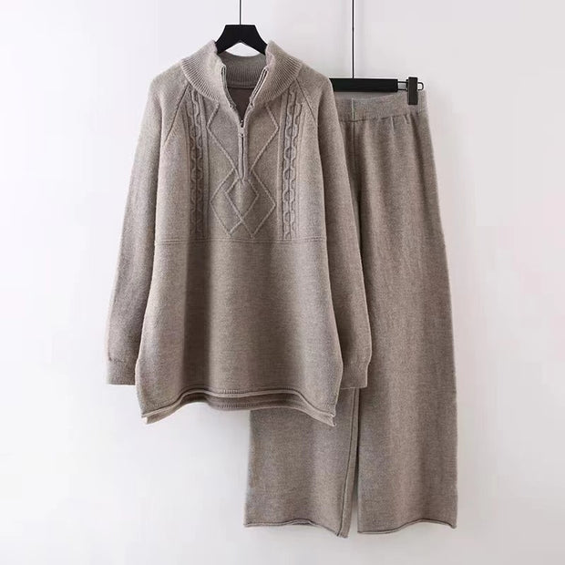 Stand Collar Knitted Sweater Wide Leg Pants Two Piece Set