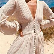 Chic Women Boho Beach Maxi Dress Button Up Deep V Neck Full Sleeve Long Dress Fairy Grunge French Romance Holiday Clothes