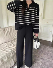 Loose Striped Knit Top and Wide-leg Pants Two-piece Set