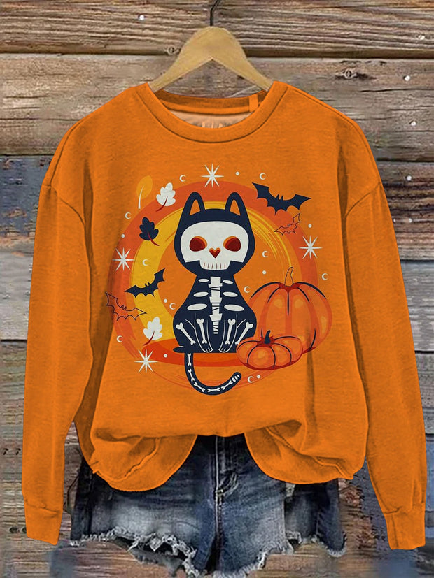 Halloween Skeleton Cat Graphic Printed Casual Sweatshirt