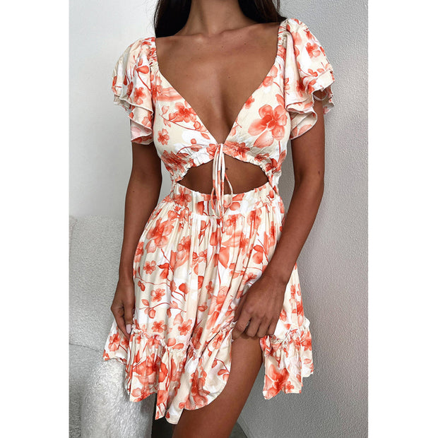 Women's Art Floral Print Ruffle Mini Dress