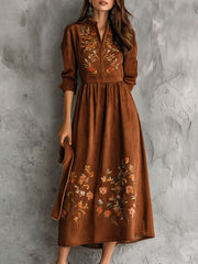 Vintage Brown Floral Embroidered Suede Midi Dress