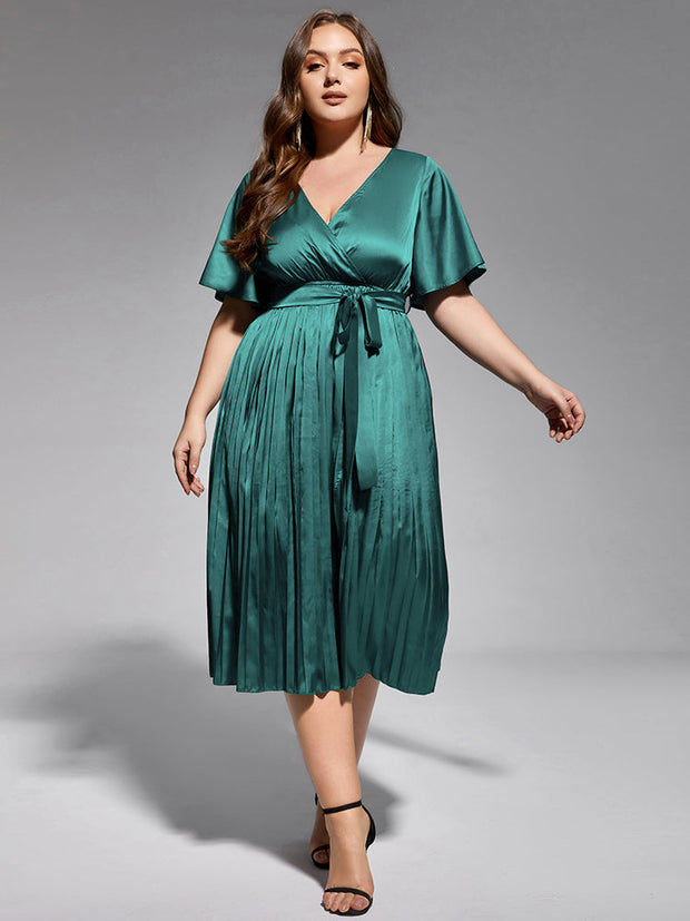 Plus Green Ruffle Sleeve Elastic Waist Midi Dress