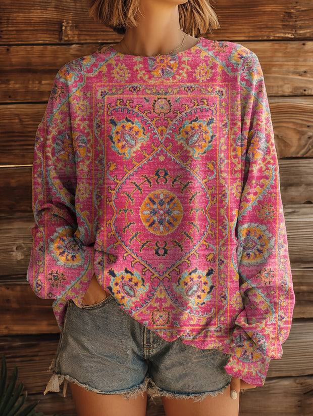 Women's Colorful Retro Totem Art Pattern Print Casual Crew Neck Sweatshirt