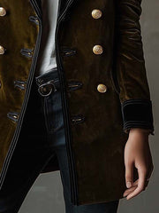 Olive Synthetic Velvet Double-Breasted Military Coat