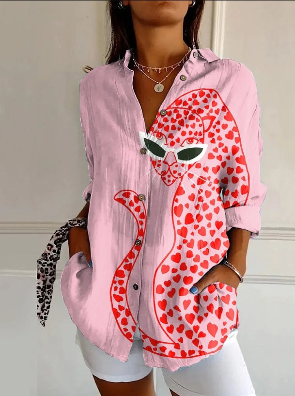 Fun Pink Leopard Print Casual Long Sleeve Shirt