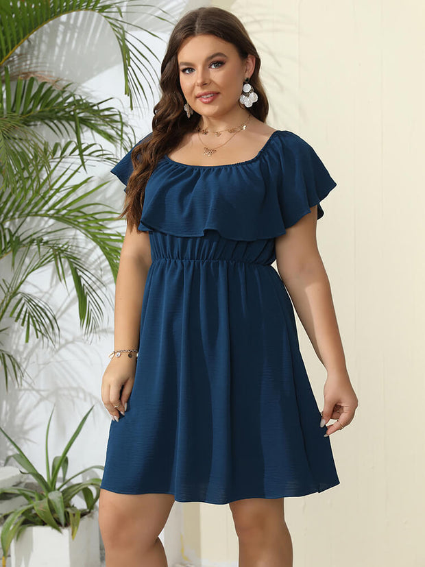 Plus Plain Off Shoulder Ruffle Elastic Waist Dress