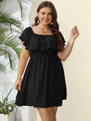 Plus Plain Off Shoulder Ruffle Elastic Waist Dress