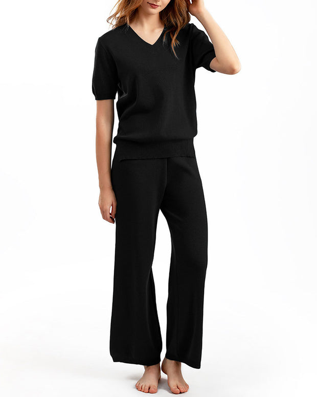 V-neck loose slit sweater straight-leg trousers two-piece set