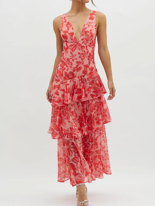 V neck tiered maxi dress