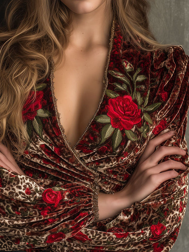 Chic V-Neck Rose Embroidery And Leopard Print Wrap Velvet Blouse