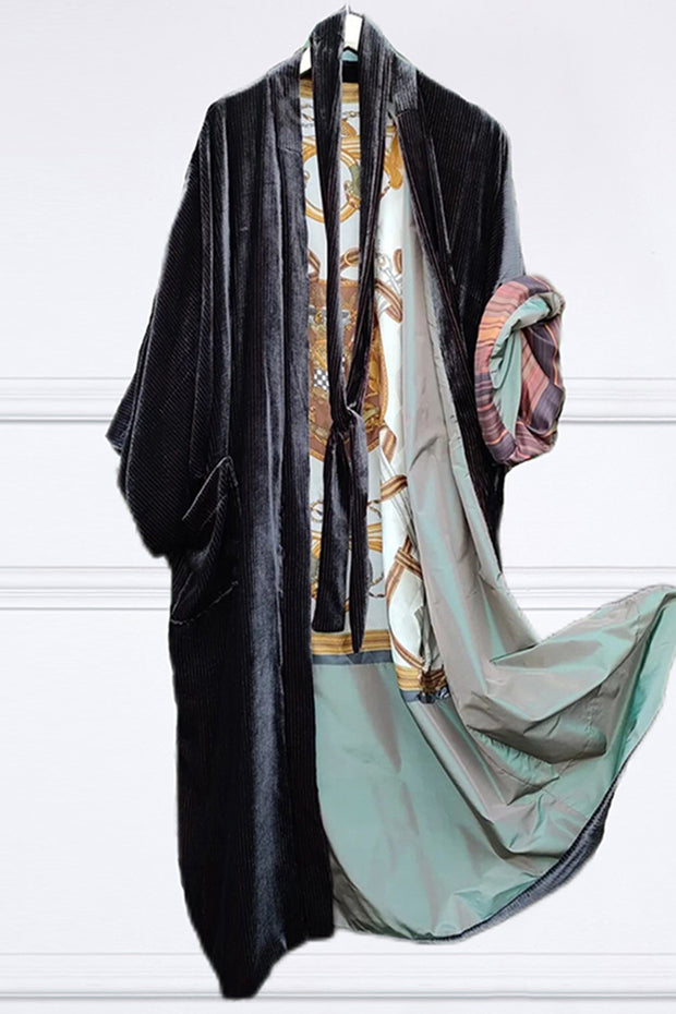 Fashion Lining Vintage Print Corduroy Kimono Duster