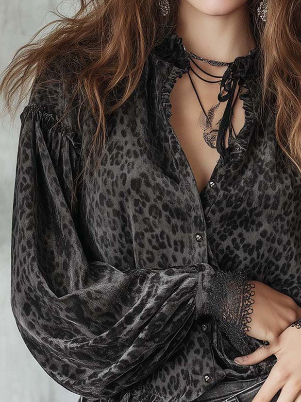 Smoky Gray Bohemian Romantic Velvet Leopard Print Shirt