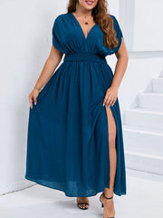 V-Neck Dolman Sleeve Ruched Split Pocket Maxi Dress