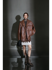 Women’s Vintage Waxed Sheepskin Leather Jacket – Distressed Blazer Collar Trendy Moto Outerwear