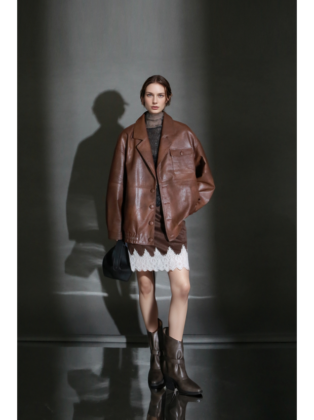 Women’s Vintage Waxed Sheepskin Leather Jacket – Distressed Blazer Collar Trendy Moto Outerwear