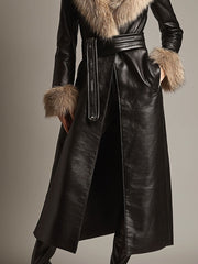 Vintage Black Long Eco Leather Trench Coat With Eco Trim