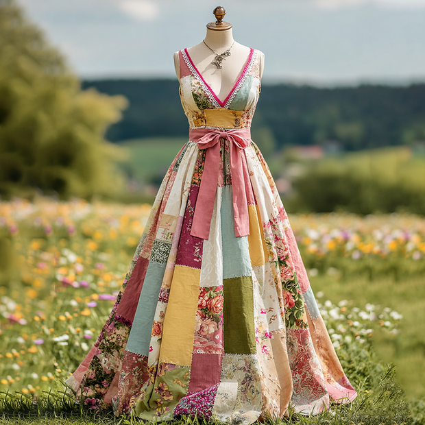 Women's Vintage Floral Art Patchwork V Neck Comfy Maxi Dress