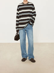 Wide Stripe Wool Knit Sweater for Women – Soft and Cozy Round Neck Pullover for Autumn/Winter