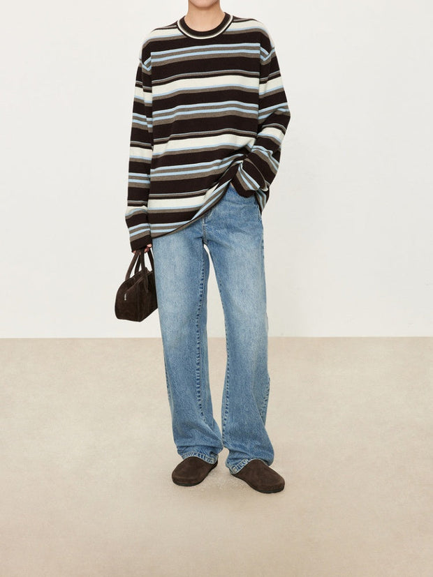 Wide Stripe Wool Knit Sweater for Women – Soft and Cozy Round Neck Pullover for Autumn/Winter