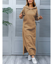 Autumn Winter New Loose Velvet Casual Fashion Big Pocket Knitted Hooded Maxi Dress