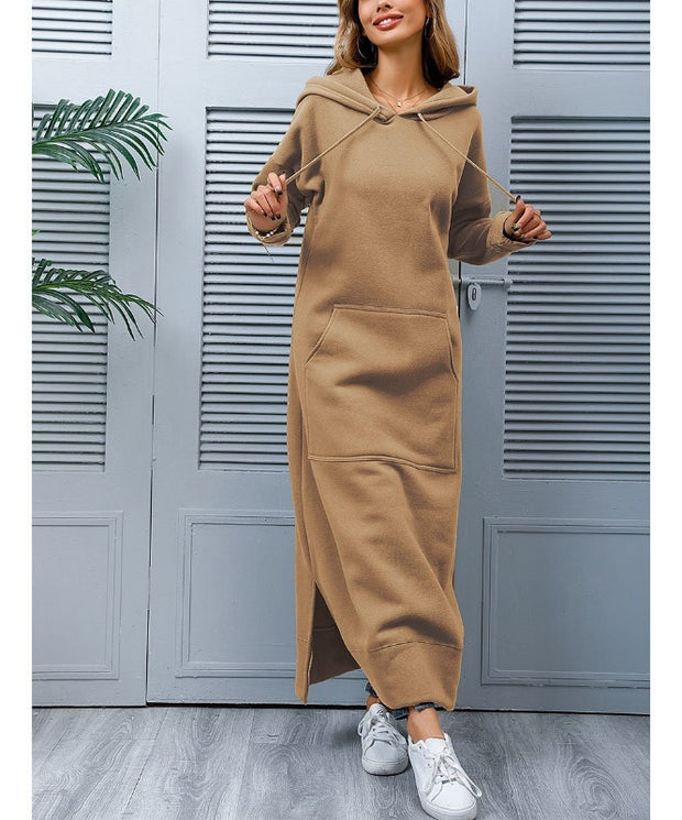 Autumn Winter New Loose Velvet Casual Fashion Big Pocket Knitted Hooded Maxi Dress