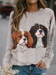 Cute Dogs Felt Art Crew Neck Cozy Knit Sweater