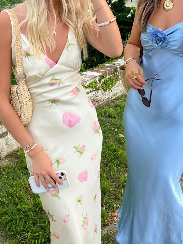 Wide straps satin maxi dress