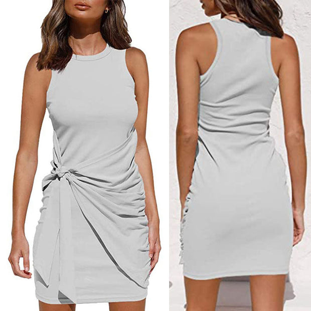 Women Simple Plain Sleeveless Drawstring Slim Round Neck Summer Casual Short Dress