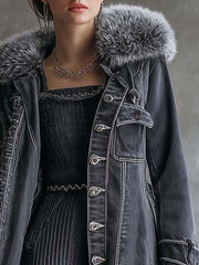 Vintage Washed Grey Denim Coat With Faux Fur Collar